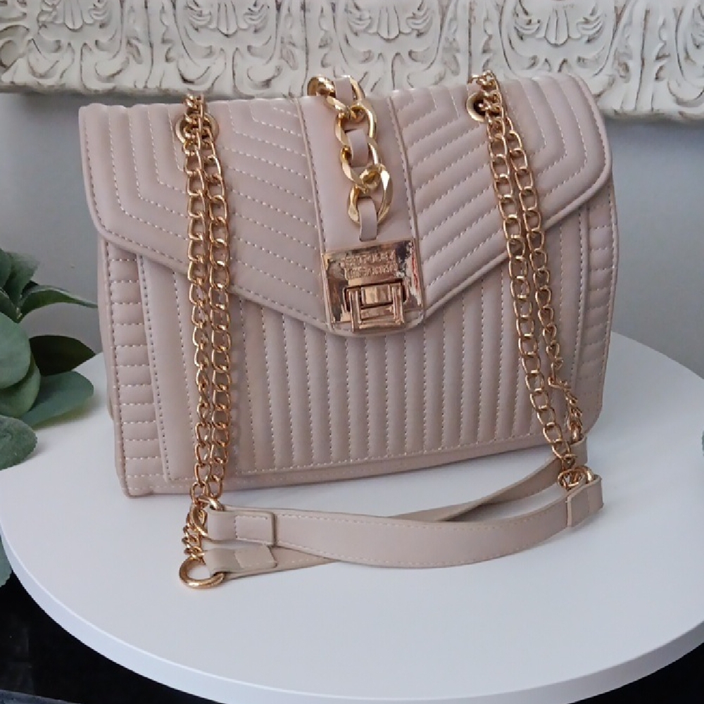 Badgley Mischka Taupe Quilted Shoulder Bag with Gold Chain